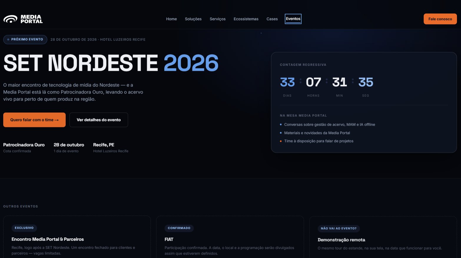 Página de eventos do site da Media Portal: a SET Nordeste 2026 com contagem regressiva e, abaixo, outros eventos