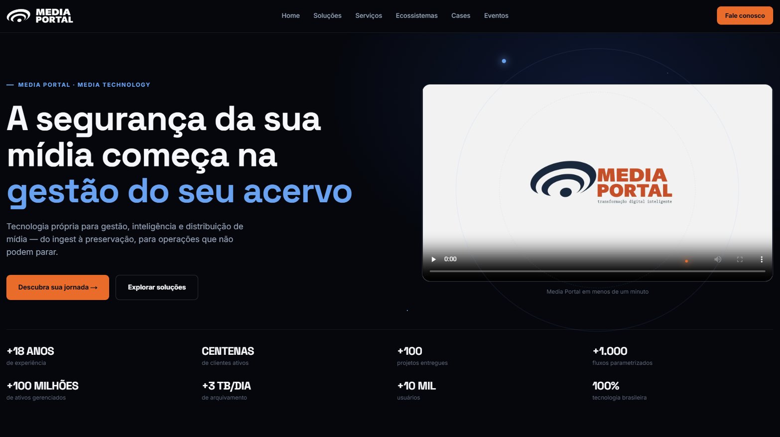Página inicial do site da Media Portal: a manchete “A segurança da sua mídia começa na gestão do seu acervo”, o vídeo de apresentação e os números da empresa