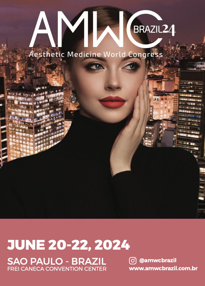 Cartaz do AMWC Brazil 2024 — Aesthetic Medicine World Congress, São Paulo, 20 a 22 de junho
